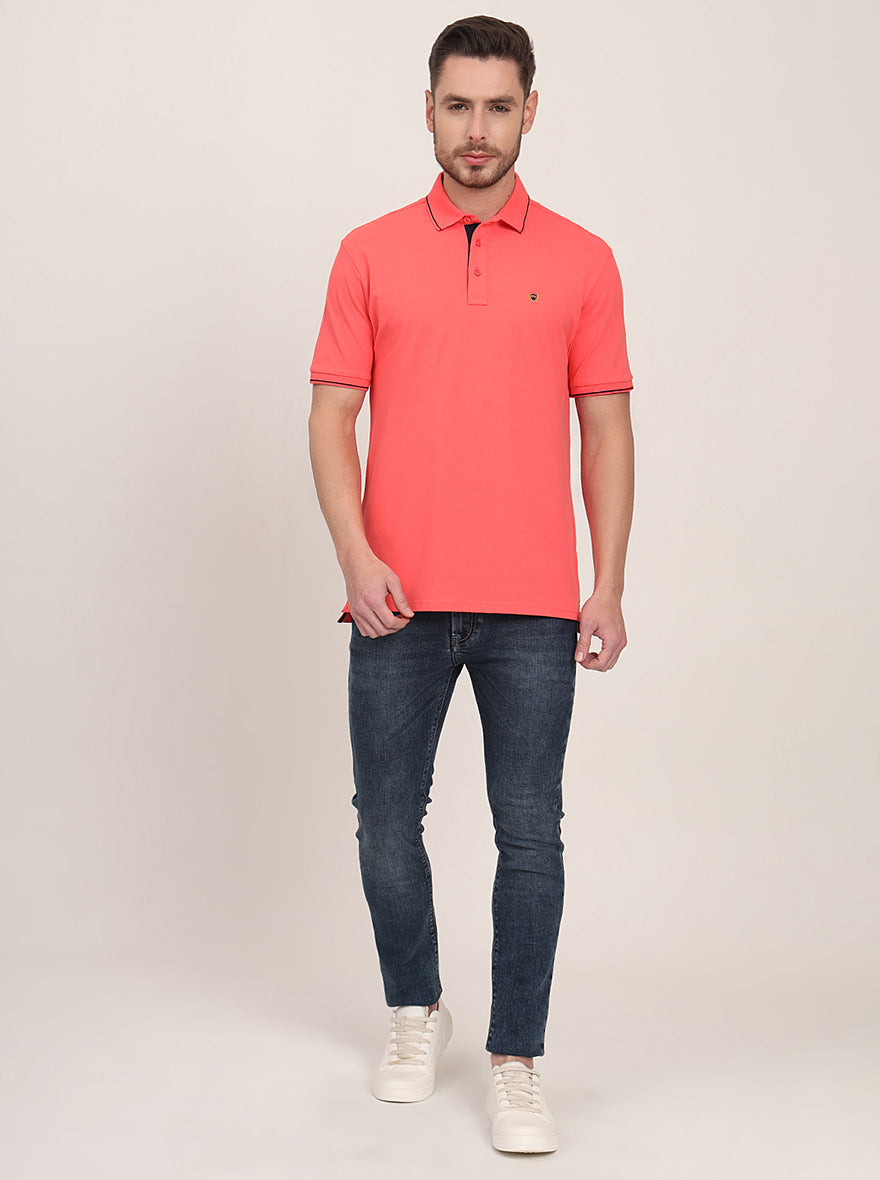 Coral Peach Solid Slim Fit Polo T-Shirt | JadeBlue