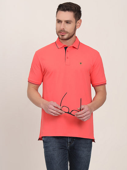 Coral Peach Solid Slim Fit Polo T-Shirt | JadeBlue