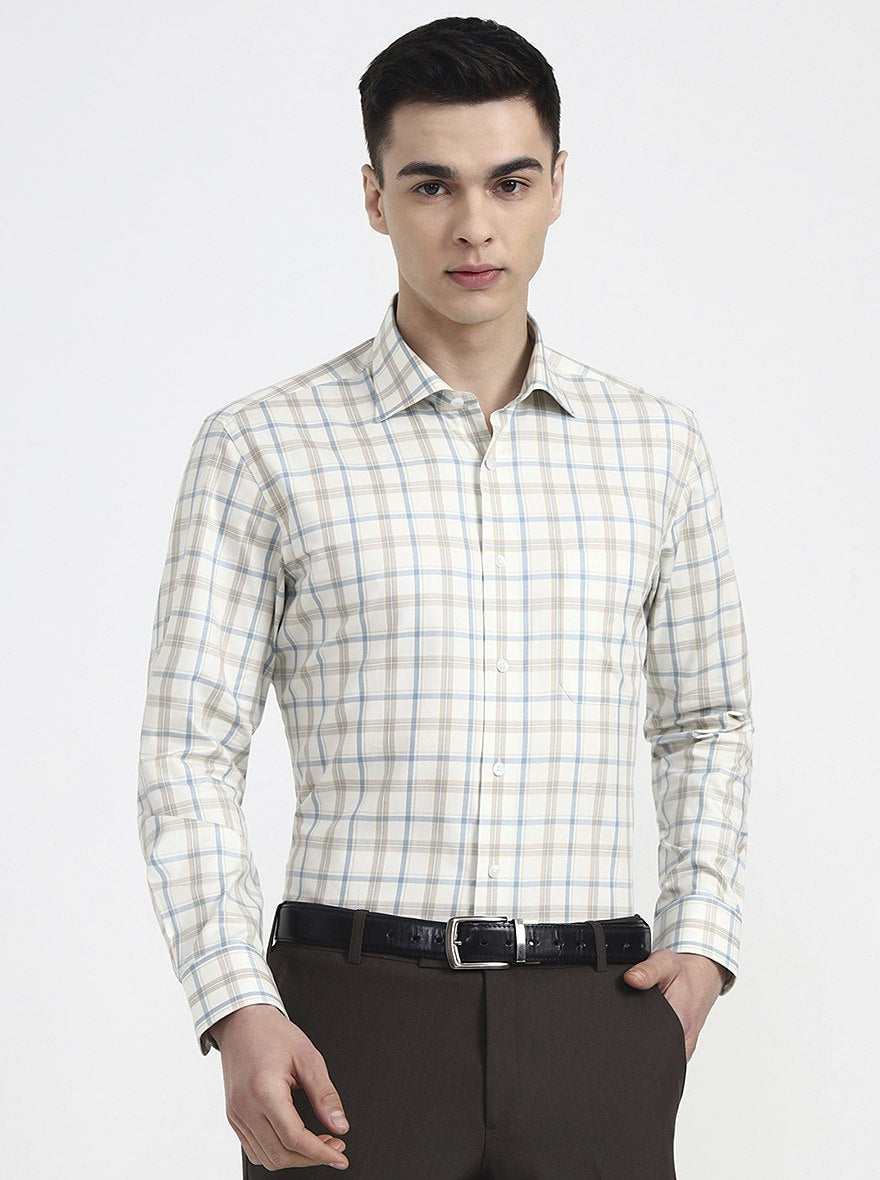 Cream & Blue Checked Slim Fit Formal Shirt | Metal