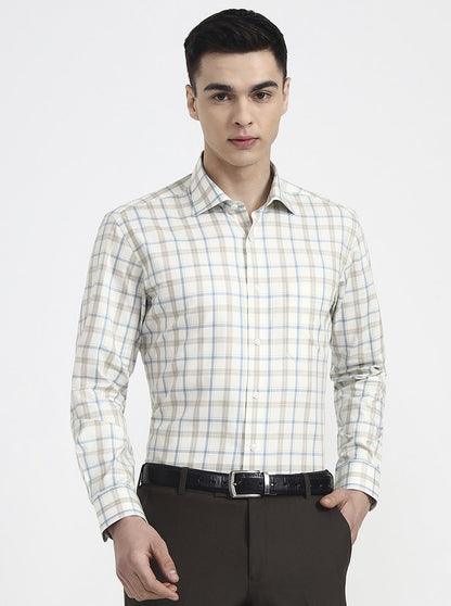 Cream & Blue Checked Slim Fit Formal Shirt | Metal