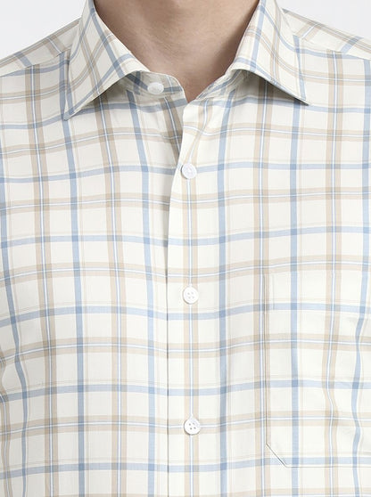 Cream & Blue Checked Slim Fit Formal Shirt | Metal
