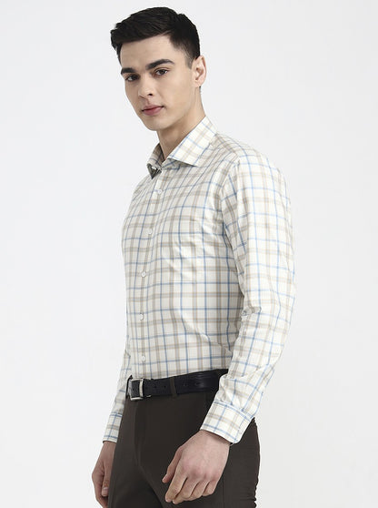Cream & Blue Checked Slim Fit Formal Shirt | Metal