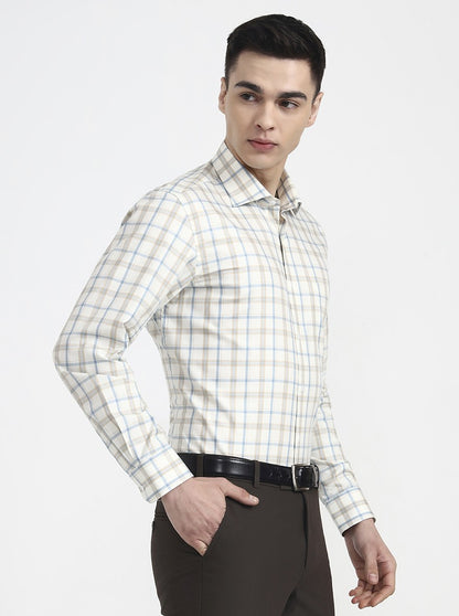 Cream & Blue Checked Slim Fit Formal Shirt | Metal