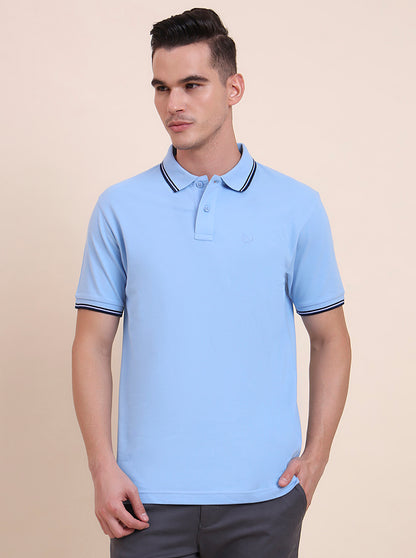 Sky Blue Solid Slim Fit Polo T-Shirt | Greenfibre