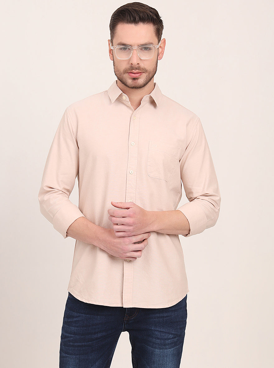 Beige Solid Slim Fit Casual Shirt | JadeBlue