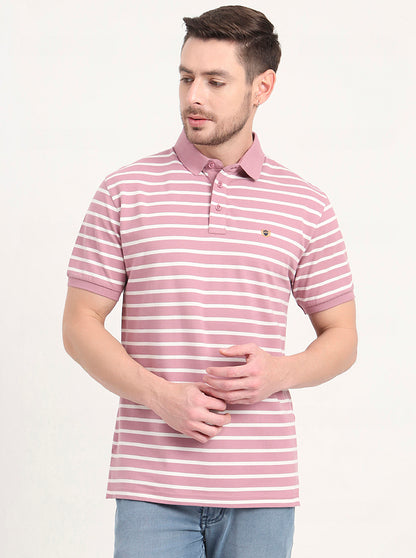 Light Pink & White Striped Slim Fit Polo T-Shirt | JadeBlue