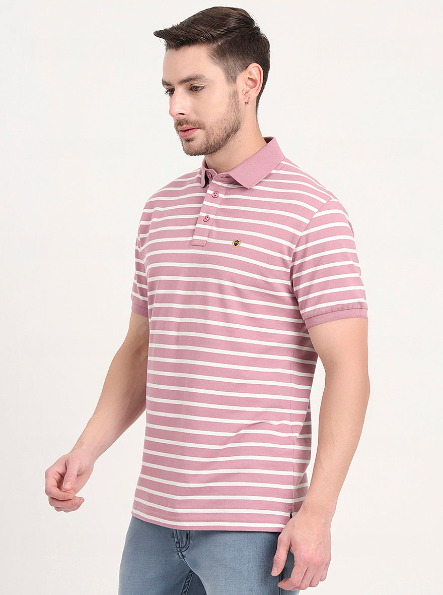 Light Pink & White Striped Slim Fit Polo T-Shirt | JadeBlue