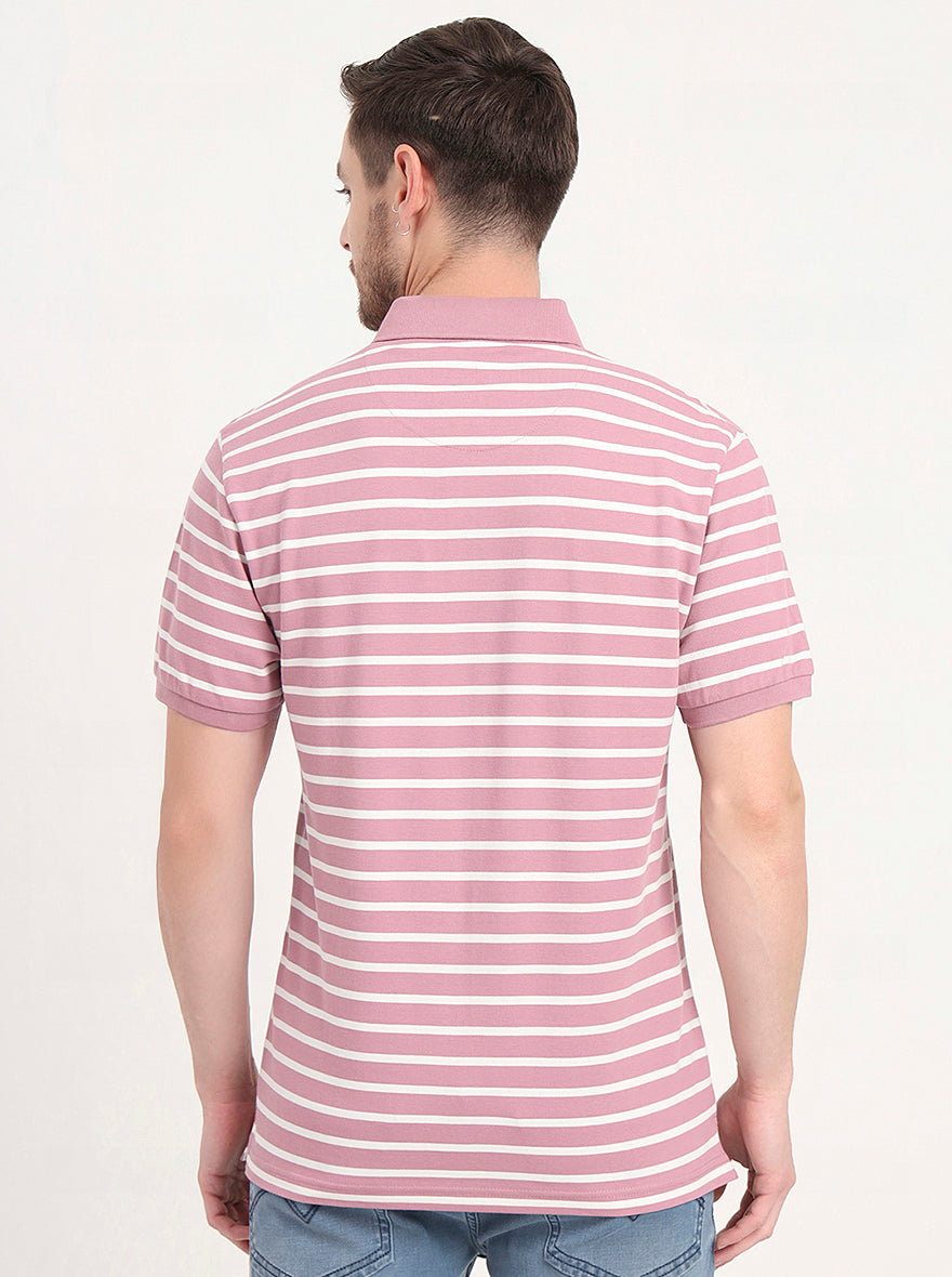 Light Pink & White Striped Slim Fit Polo T-Shirt | JadeBlue