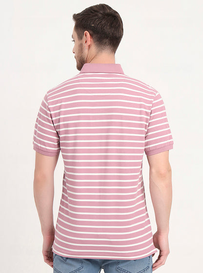 Light Pink & White Striped Slim Fit Polo T-Shirt | JadeBlue