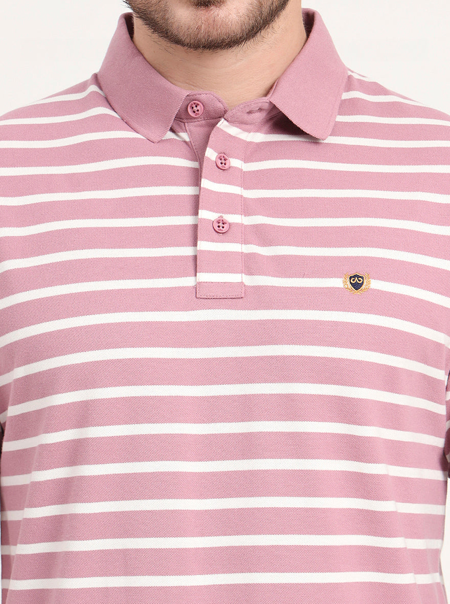 Light Pink & White Striped Slim Fit Polo T-Shirt | JadeBlue