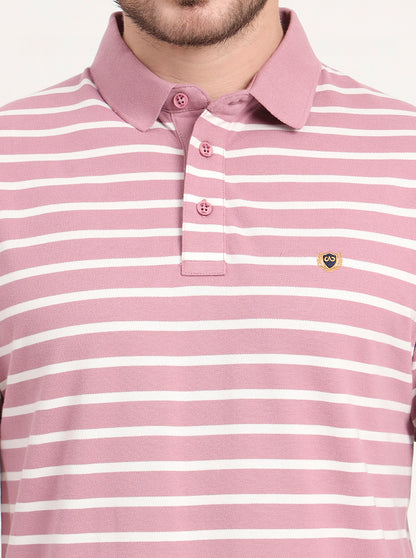 Light Pink & White Striped Slim Fit Polo T-Shirt | JadeBlue
