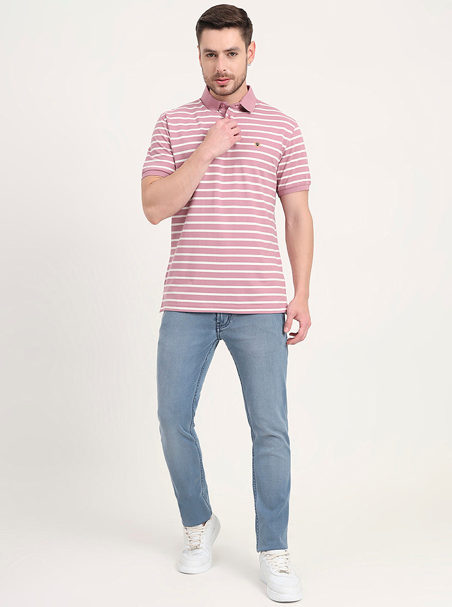 Light Pink & White Striped Slim Fit Polo T-Shirt | JadeBlue