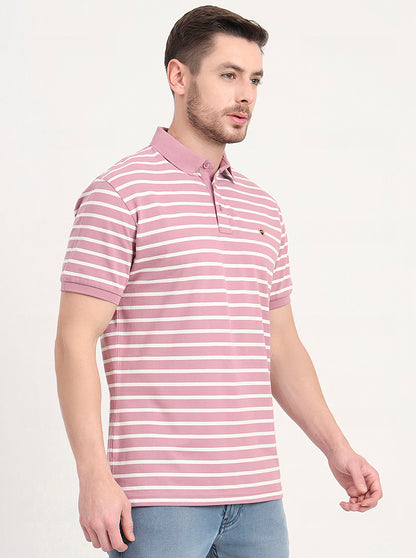 Light Pink & White Striped Slim Fit Polo T-Shirt | JadeBlue