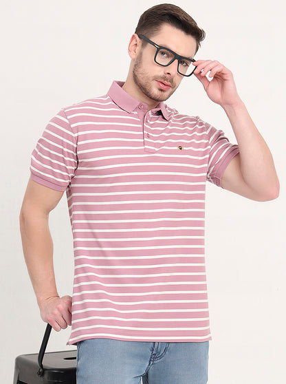 Light Pink & White Striped Slim Fit Polo T-Shirt | JadeBlue