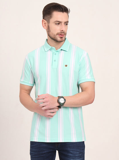 Sea Green & White Striped Slim Fit Polo T-Shirt | JadeBlue