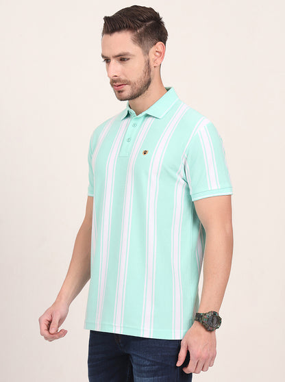 Sea Green & White Striped Slim Fit Polo T-Shirt | JadeBlue