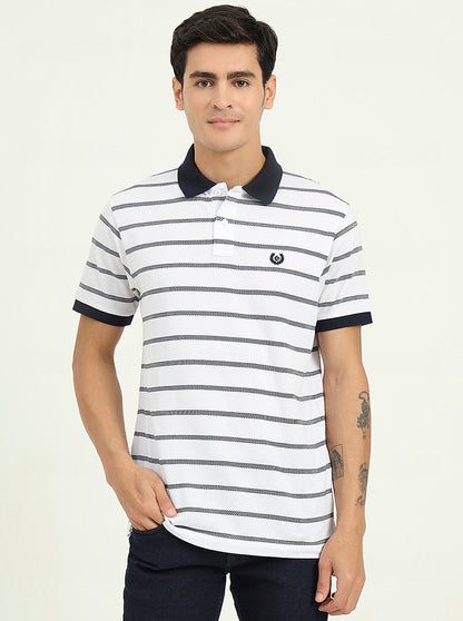 White & Navy Blue Striped Slim Fit Polo T-Shirt | Greenfibre