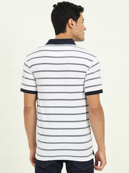 White & Navy Blue Striped Slim Fit Polo T-Shirt | Greenfibre
