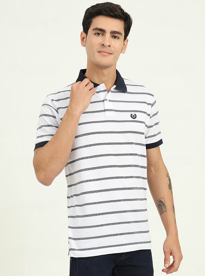 White & Navy Blue Striped Slim Fit Polo T-Shirt | Greenfibre