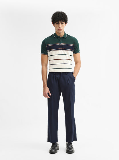 Cream & Blue Striped Slim Fit Polo T-Shirt | JadeBlue