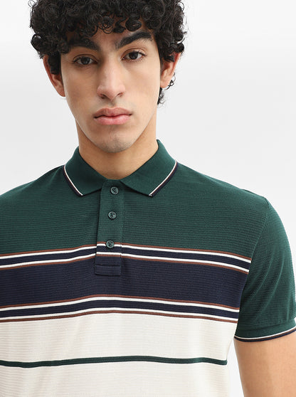 Cream & Blue Striped Slim Fit Polo T-Shirt | JadeBlue
