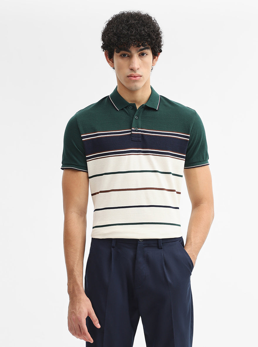 Cream & Blue Striped Slim Fit Polo T-Shirt | JadeBlue