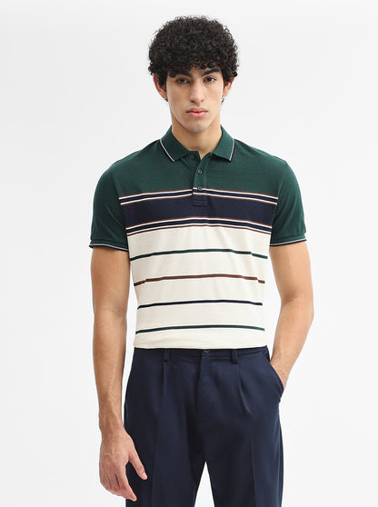 Cream & Blue Striped Slim Fit Polo T-Shirt | JadeBlue
