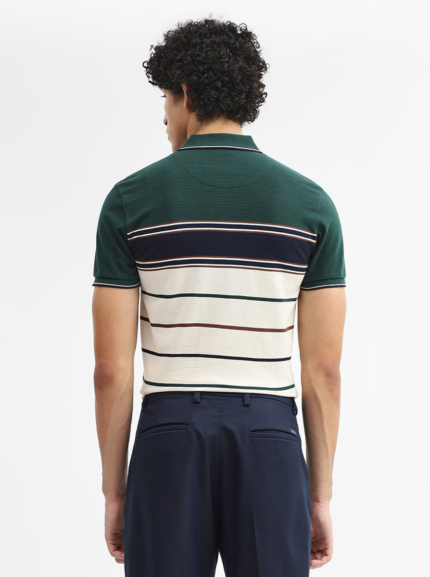 Cream & Blue Striped Slim Fit Polo T-Shirt | JadeBlue
