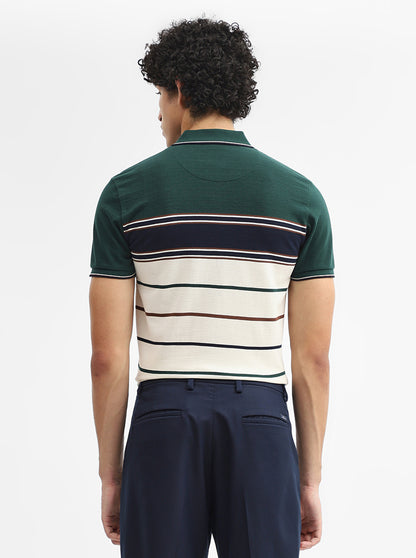 Cream & Blue Striped Slim Fit Polo T-Shirt | JadeBlue