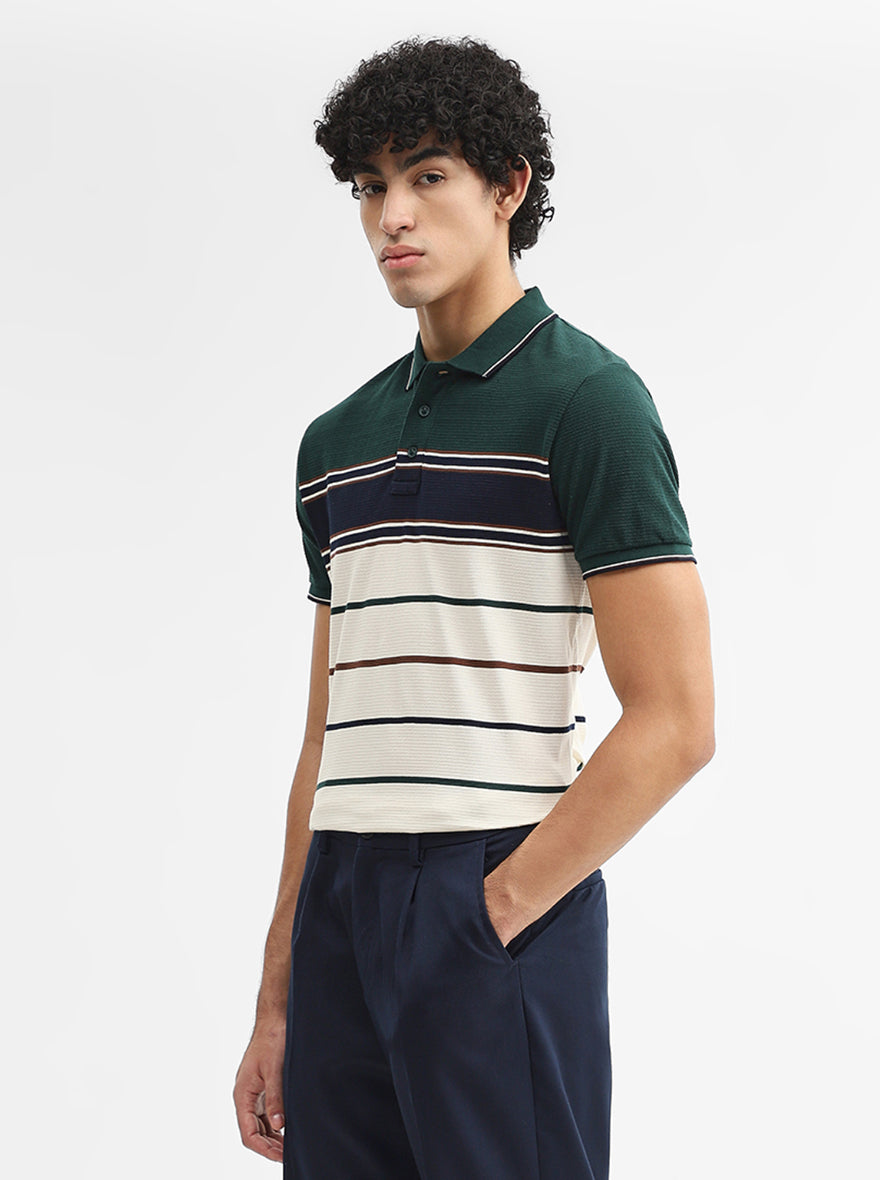 Cream & Blue Striped Slim Fit Polo T-Shirt | JadeBlue