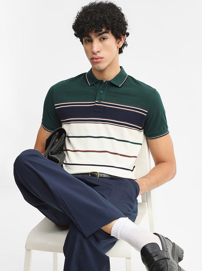 Cream & Blue Striped Slim Fit Polo T-Shirt | JadeBlue