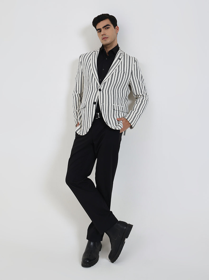 White & Black Striped Regular Fit Blazer | JBXJB