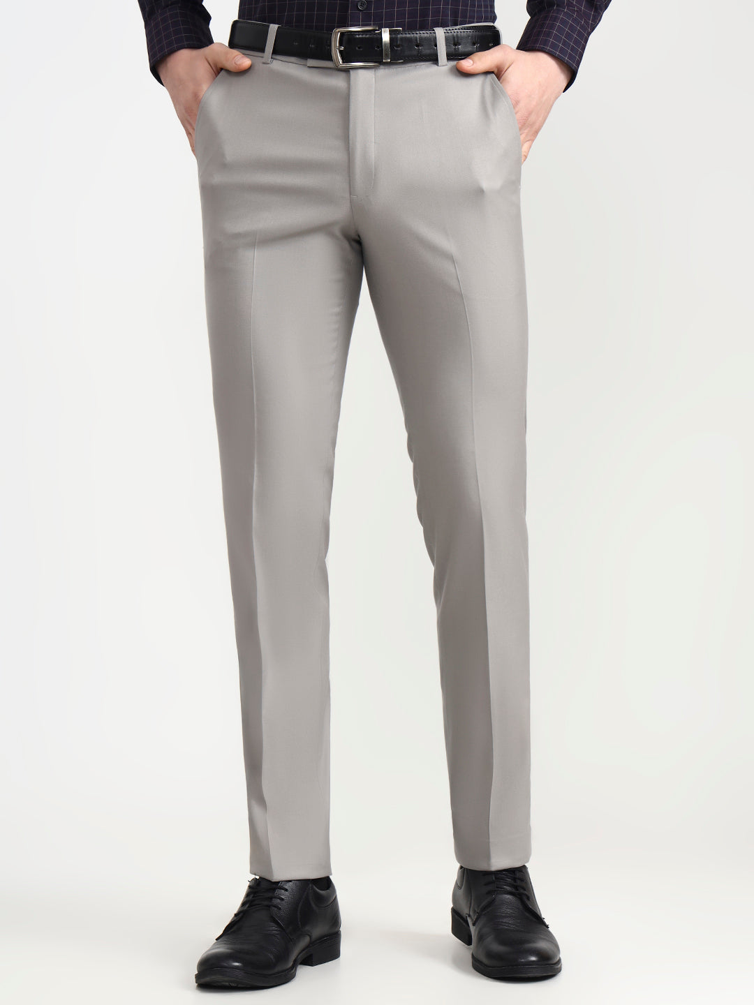 Grey Solid Slim Fit Formal Trouser | Metal