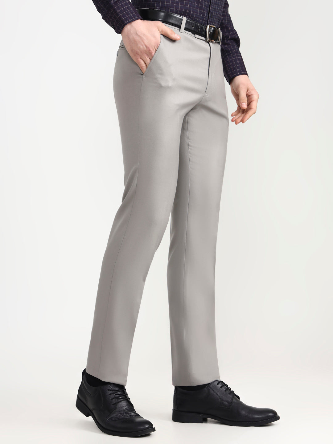 Grey Solid Slim Fit Formal Trouser | Metal