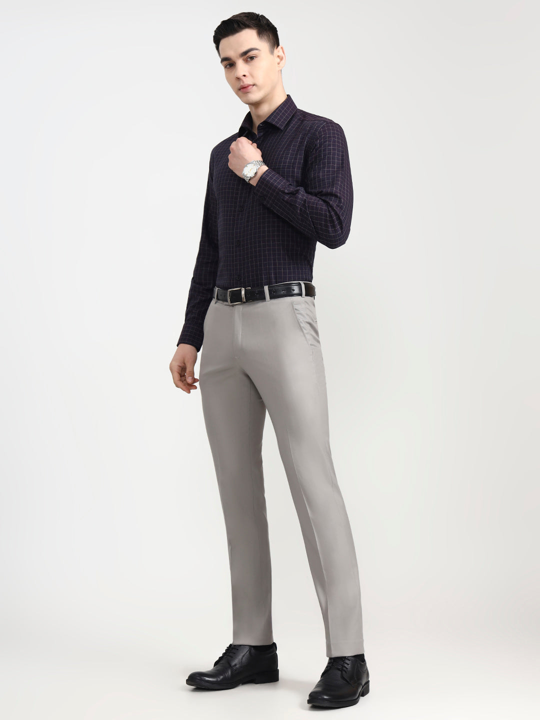 Grey Solid Slim Fit Formal Trouser | Metal