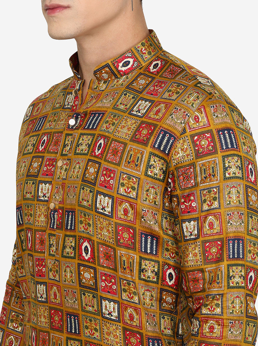 Mustard Yellow Printed Cotton Blend Kurta | The Kurta Company