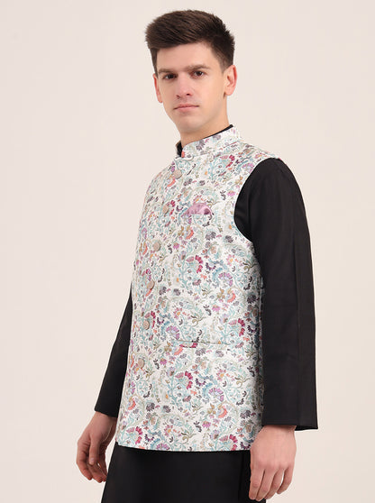 Green Printed Regular Fit Bandhgala Jacket | JB Studio