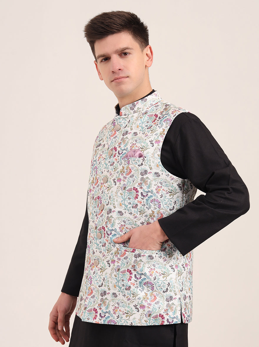Green Printed Regular Fit Bandhgala Jacket | JB Studio