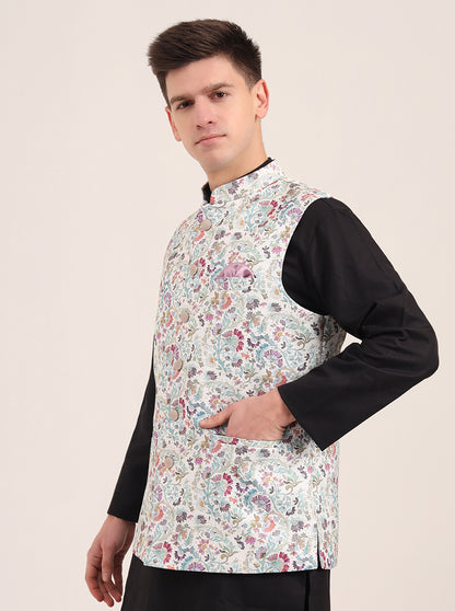 Green Printed Regular Fit Bandhgala Jacket | JB Studio
