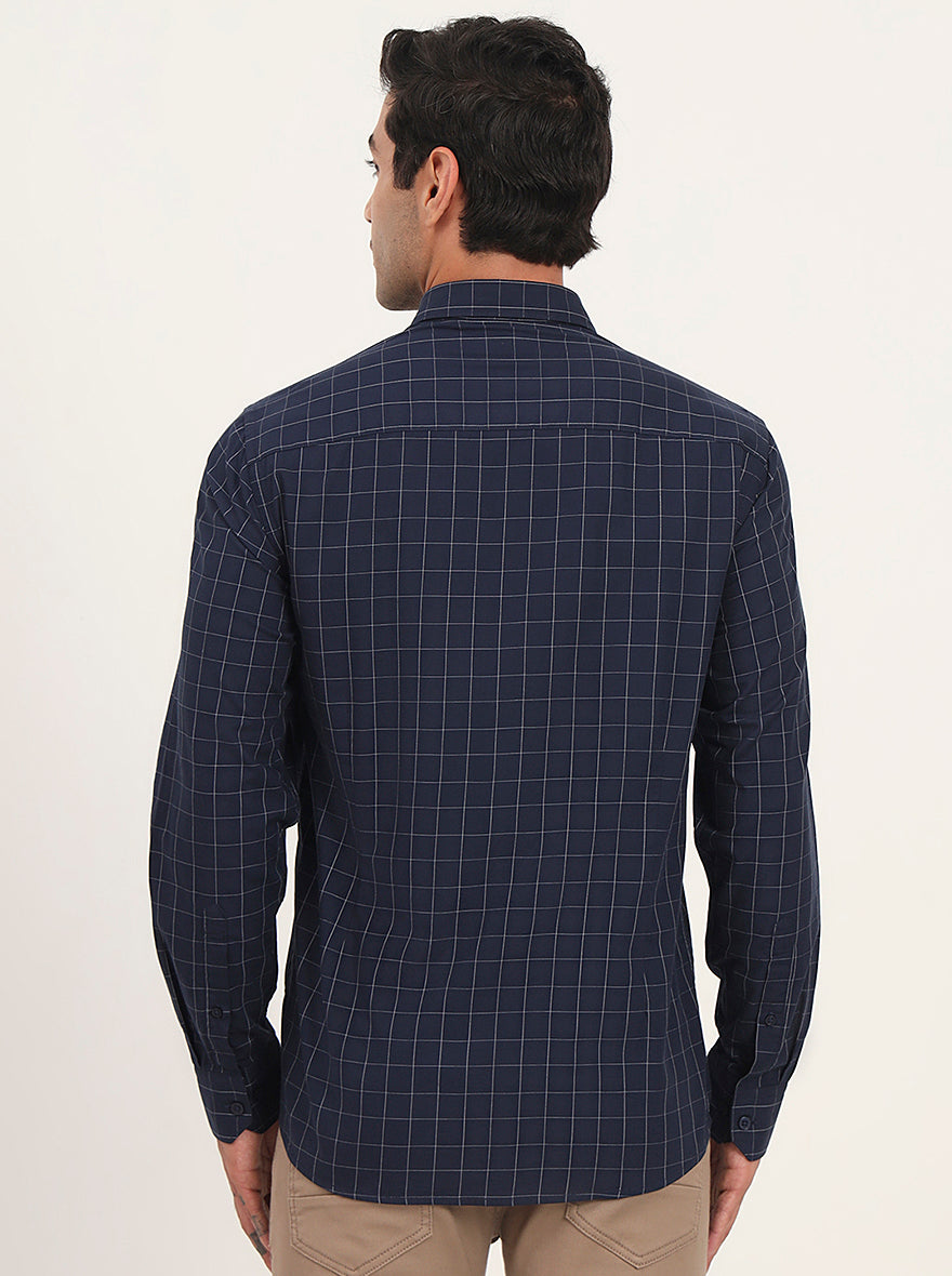Navy Blue Checked Slim Fit Semi Casual Shirt | JadeBlue