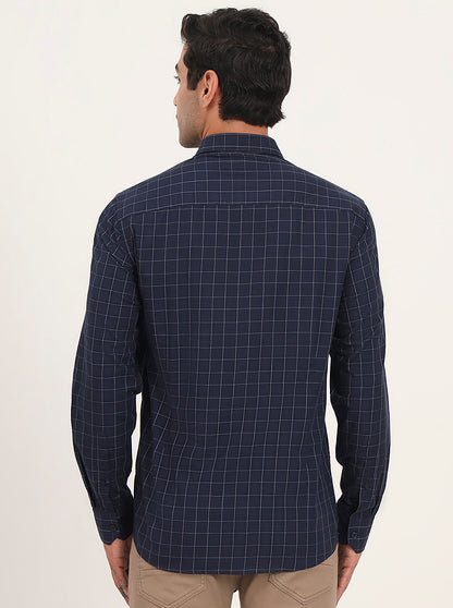 Navy Blue Checked Slim Fit Semi Casual Shirt | JadeBlue