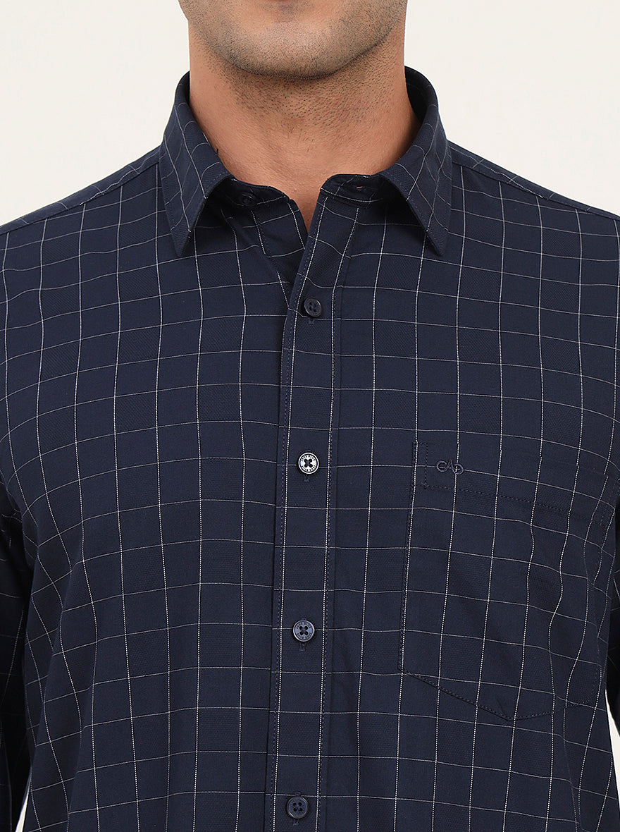 Navy Blue Checked Slim Fit Semi Casual Shirt | JadeBlue