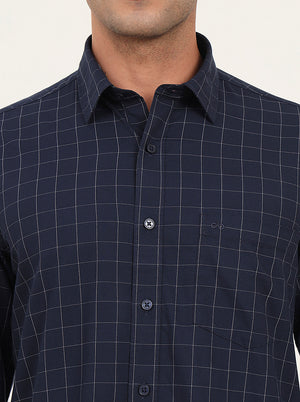 Navy Blue Checked Slim Fit Semi Casual Shirt | JadeBlue