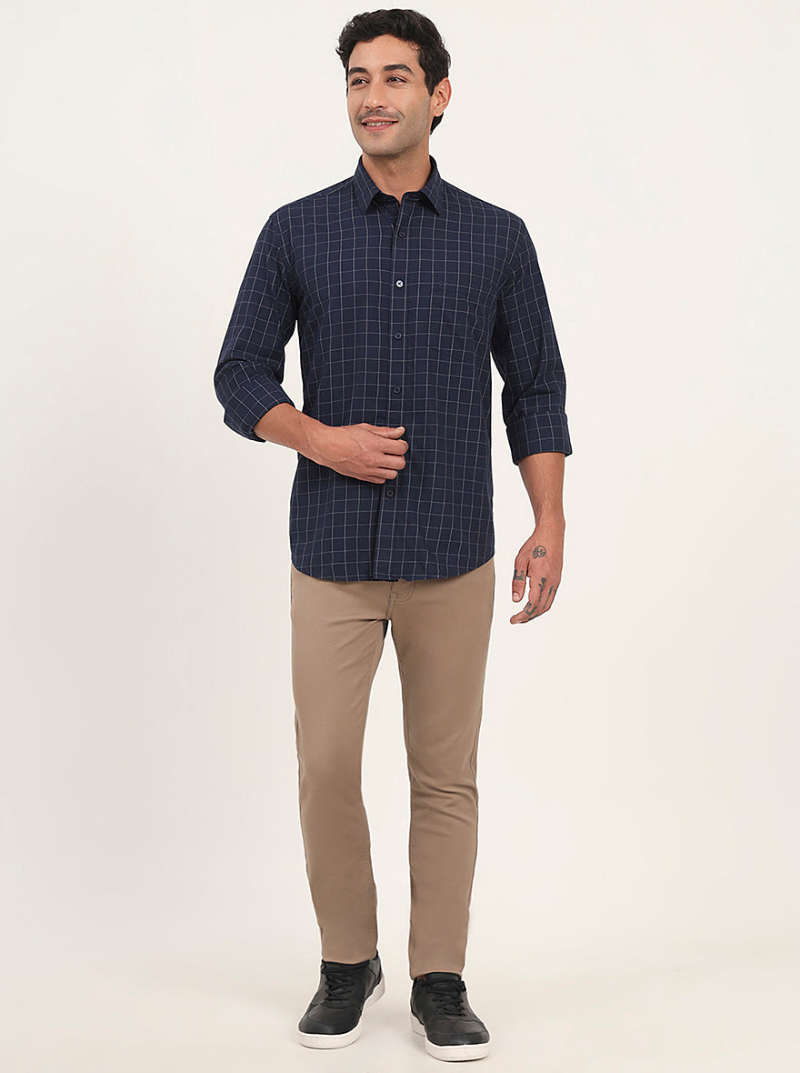 Navy Blue Checked Slim Fit Semi Casual Shirt | JadeBlue