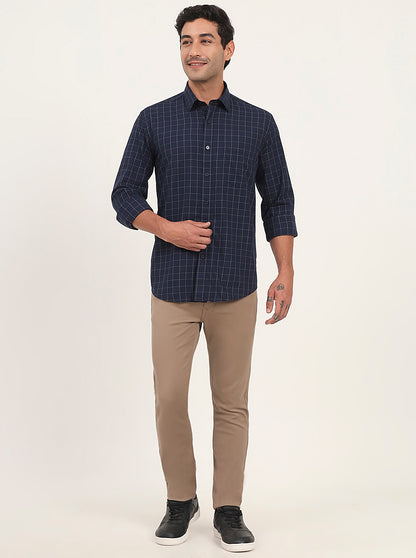 Navy Blue Checked Slim Fit Semi Casual Shirt | JadeBlue