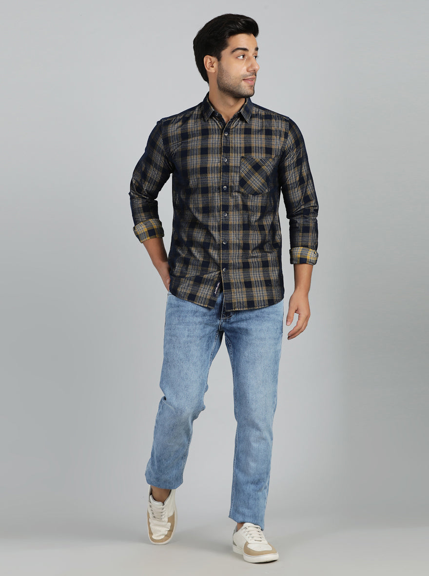 Yellow & Blue Checked Slim Fit Casual Shirt | JadeBlue