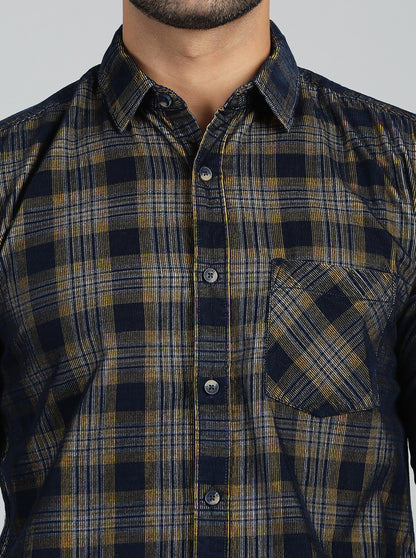 Yellow & Blue Checked Slim Fit Casual Shirt | JadeBlue