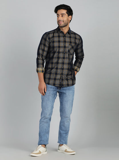 Yellow & Blue Checked Slim Fit Casual Shirt | JadeBlue