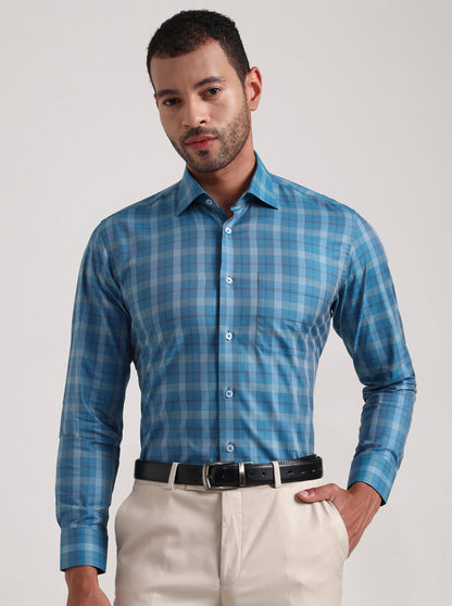 Blue Checked Slim Fit Formal Shirt | Metal