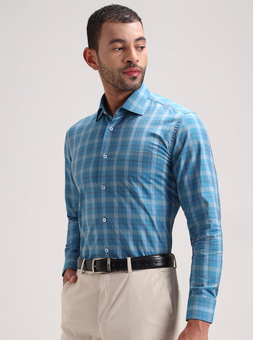 Blue Checked Slim Fit Formal Shirt | Metal